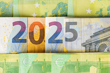 Wall Mural - 2025 in the eurozone. Euro banknotes arranged in 2025, Concept, financial and economic analysis of the European Union, close up