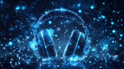 Digital Headphones Abstract Tech Background Audio Design Connected Dots, Lines, Triangles