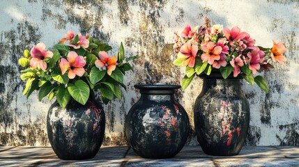 Wall Mural - Three black vases with pink flowers on a concrete wall.