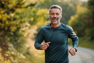 Mature athletic man runs on winding road in nature. He wears blue shirt and white earphones, smiling face. Rich green plants surrounds the road with trees and grassy area in distance.