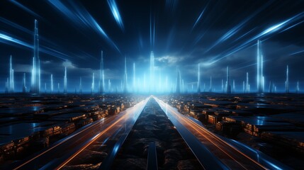 Wall Mural - Digital image of light rays, stripes lines with blue light background