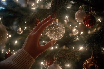 A hand gently reaches for a luminous ornament hanging on a beautifully decorated Christmas tree adorned with lights