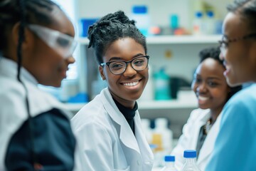 group of scientists in lab coats discuss around table with lab equipment, beaker, test tube, pipette