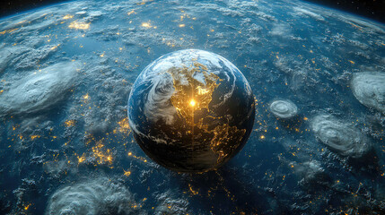 Wall Mural - a cinematic shot of planet earth seen from space, surrounded by stars and illuminated by sunlight