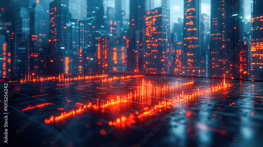 Description: A futuristic cityscape with glowing red digital data ...