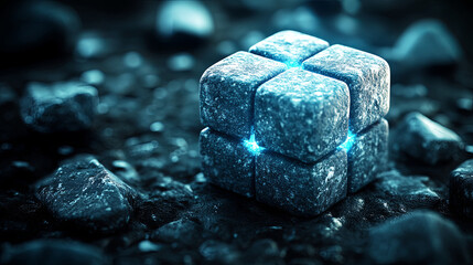 A Futuristic Cube Cube Rests Among Dark Stones, Emitting a Soft Blue Glow, Reflecting Modern Design and Technological Innovation