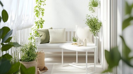 Poster - A white balcony with a white bench and white table. There are plants hanging from the ceiling and in pots on the floor. The balcony is decorated with green and white cushions.