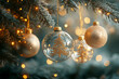 © oliamogdaleva - Christmas tree decorations on bokeh background. Christmas and New Year holidays background.