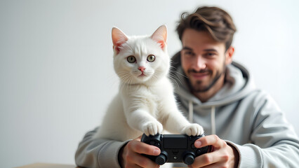 A Creative Display of Video Games Featuring a Charming White Cat Against a Striking White Background