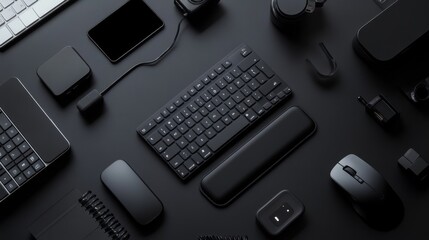 Flat lay of various black electronic devices and accessories on dark background, showcasing modern technology workspace with copy space