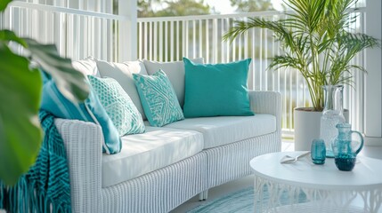 Poster - A bright and inviting outdoor seating area features a white wicker sofa adorned with turquoise pillows. A potted palm adds greenery, while a glass table holds decorative items under natural light.