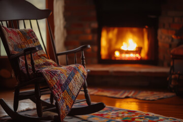 Rocking chair with a patchwork quilt is illuminated by a warm fireplace in a rustic cottage