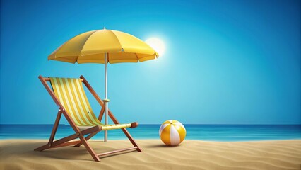 3D vector illustration of a beach chair, yellow umbrella, and beach ball, representing summer holidays and travel concepts.