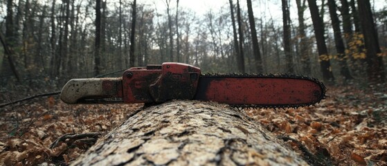 Chainsaw on a log cut in the forest