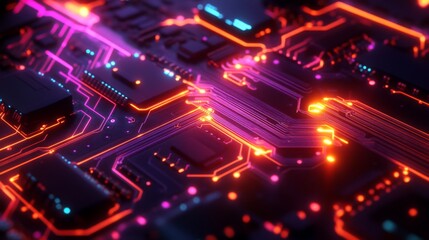 Wall Mural - Abstract glowing circuit board with neon pink and orange lines.