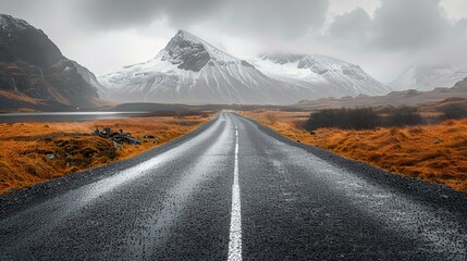 Poster - Empty Road Through Snowy Mountains - Iceland Landscape Photography