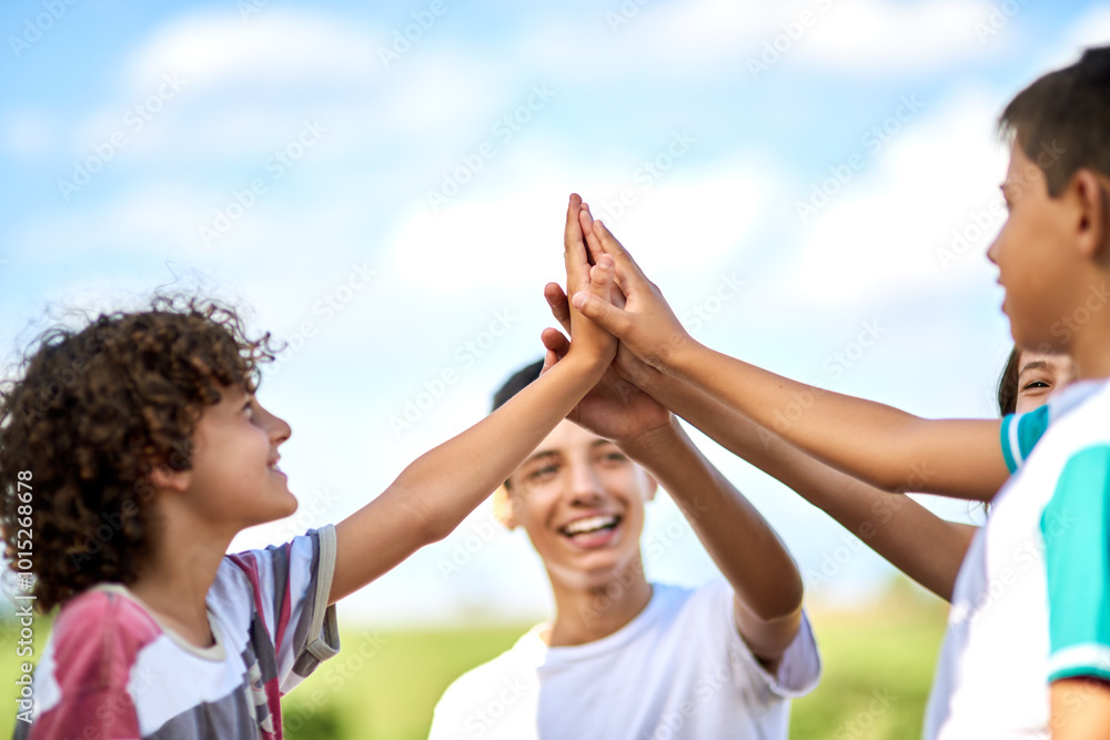 Hand Fun Family, children and high five in nature for support, relationship ...