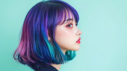 side face of an Asian woman with long dark purple-blue gradient colored hair, set against a pastel green background. 