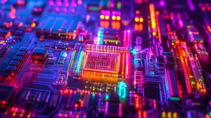 Wall Mural - Close-up of a colorful circuit board with glowing lines and components.