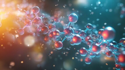 Poster - A digital illustration depicting a molecule with a complex structure. The molecule is composed of numerous connected spheres, primarily in red and blue shades