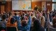 © Elmira - Community members gather in a large hall, raising hands to voice opinions during a town hall meeting about local development plans, with a flipchart map displayed nearby