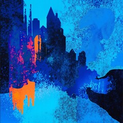 A striking abstract cityscape in deep blue and vibrant orange, blending geometric forms with dynamic splashes of color. Ideal for modern art, urban designs, or futuristic concepts.