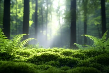 Lush green forest with ferns and sunlight