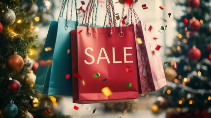 A close-up view of shopping bags hanging in front of a Christmas tree. The bags are red, blue, and white, with the word Sale written on the red bag. Confetti falls in front of the bags.