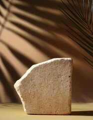 Wall Mural - sandstone podium for luxury product placement with palm leaf shadow in background natural stone mate