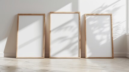 Three vertical white blank wooden framed wall art mockups leaning against the wall in an empty modern room with parquet floor