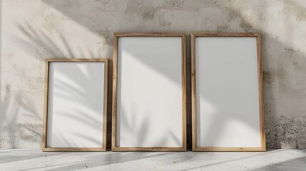 Three vertical white blank wooden framed wall art mockups leaning against the wall in an empty modern room with parquet floor