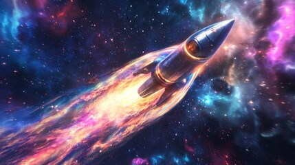Fototapete - A powerful rocket propelled upward through the cosmos, with fiery exhaust illuminating the surrounding vivid nebula
