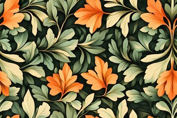 Wall Mural - Floral pattern with orange and green leaves