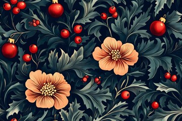 Wall Mural - Floral pattern with red berries and leaves