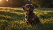 © kucret - A brown dachshund dog sits in a grassy field, looking up at the setting sun.