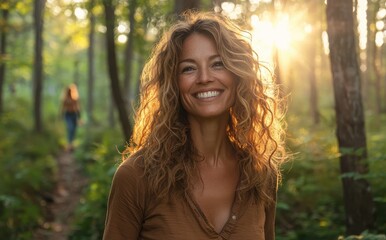 Joyful woman with long curly hair smiling confidently in a sunlit forest setting