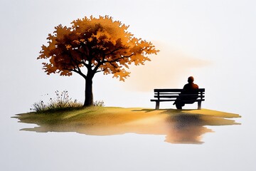 Wall Mural - Watercolor depiction of a person sitting on a park bench, reflecting on past memories as soft colors and light evoke feelings of nostalgia