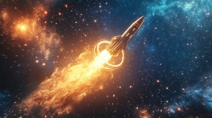 Aufkleber - A rocket ascends through the vastness of space, leaving a trail of bright flames