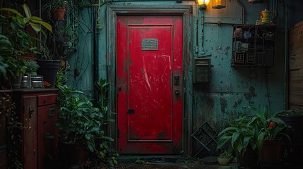 Sticker - Red Door in Urban Setting: A Glimpse of City Life