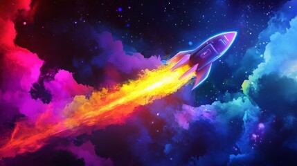 Aufkleber - A rocket energetically launches into the vastness of space, surrounded by colorful clouds of gas and stars twinkling in the distance, creating a fantastical atmosphere of exploration and adventure.