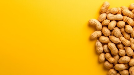 Wall Mural - A small pile of dried peanuts in their shells is scattered across a vibrant pastel yellow background, showcasing their textured grooves under soft lighting, ideal for creative designs