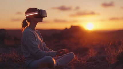 Canvas Print - Woman in VR headset meditates at sunset