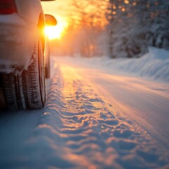 Wall Mural - Close-up of Car Tire on Snowy Road During Golden Hour in Winter, Emphasizing Safety and Traction