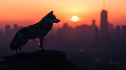 Poster - Lone Wolf at Sunrise Over Cityscape