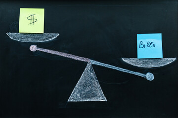 abstraction on the topic of income and bills. bills exceed income level, imbalance between income and expenses