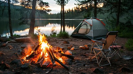 Camping on the shore of a lake at sunset. Camping on the shore