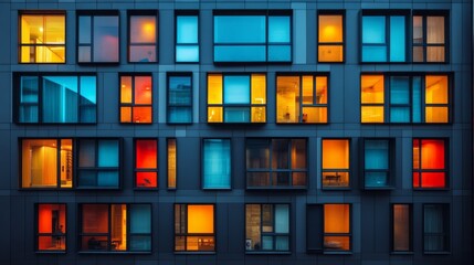 a vibrant building facade showcasing colorful illuminated windows at night, creating a dynamic inter