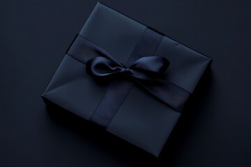 Wall Mural - A elegantly wrapped gift box in dark tones, adorned with a satin ribbon, sits on a deep background suggesting mystery and anticipation