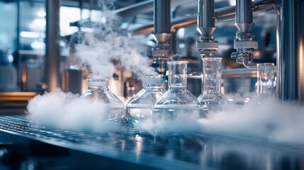 Poster - A variety of glass flasks and beakers are arranged on a lab bench, with visible steam rising from the liquids within