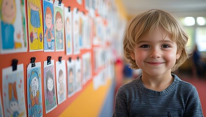  A young boy smiles brightly in front of a colorful wall adorned with various pictures.